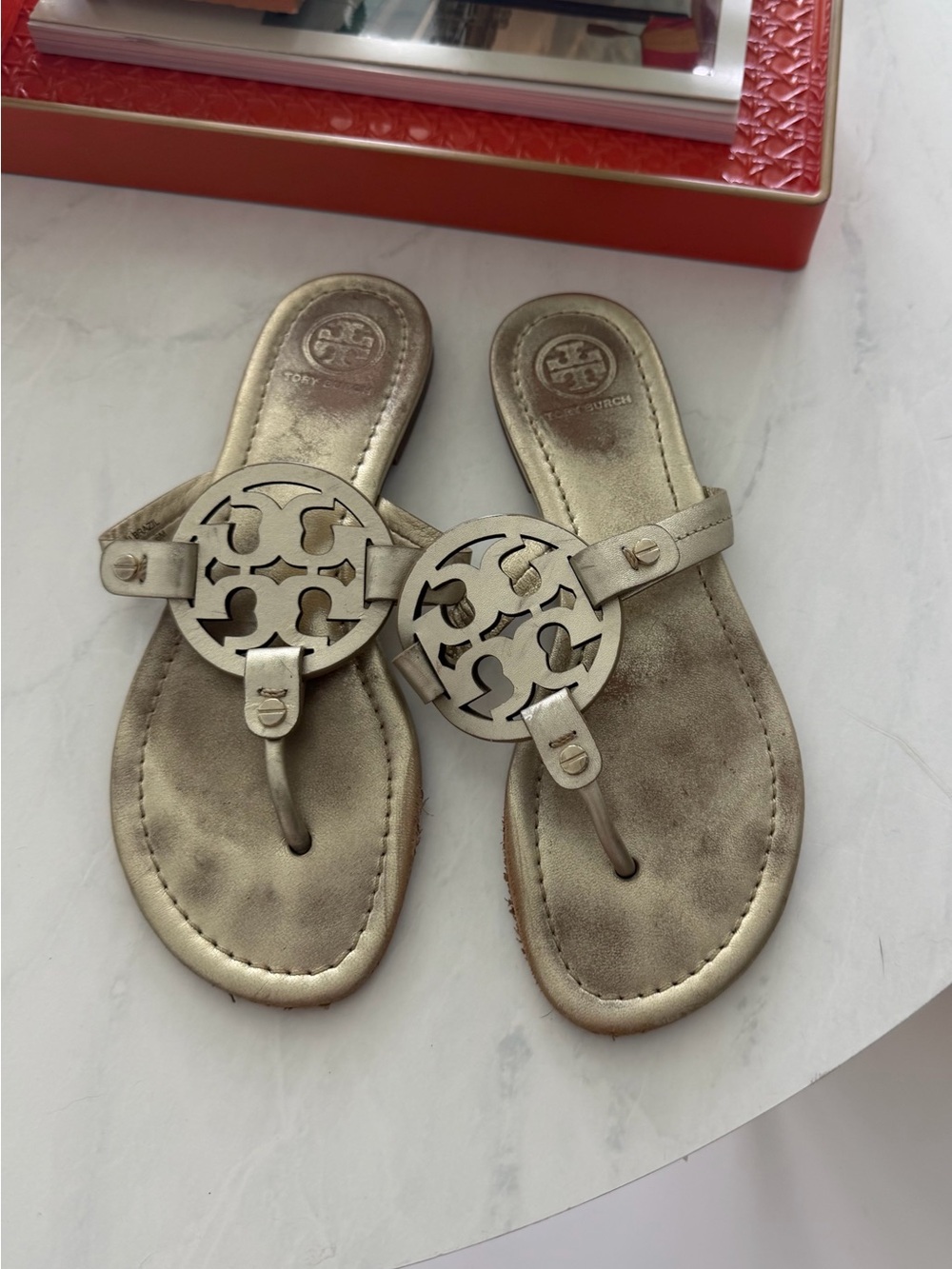 Tory Burch Metallic Gold Logo Thong Sandals